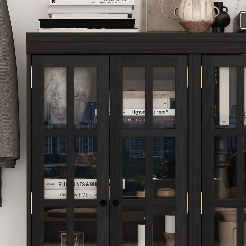 FUFU&GAGA Modern Black Glass Door Cabinet with Adjustable Shelves & Metal Handles (47.2" W x 15.7" D x 47.2" H), Black