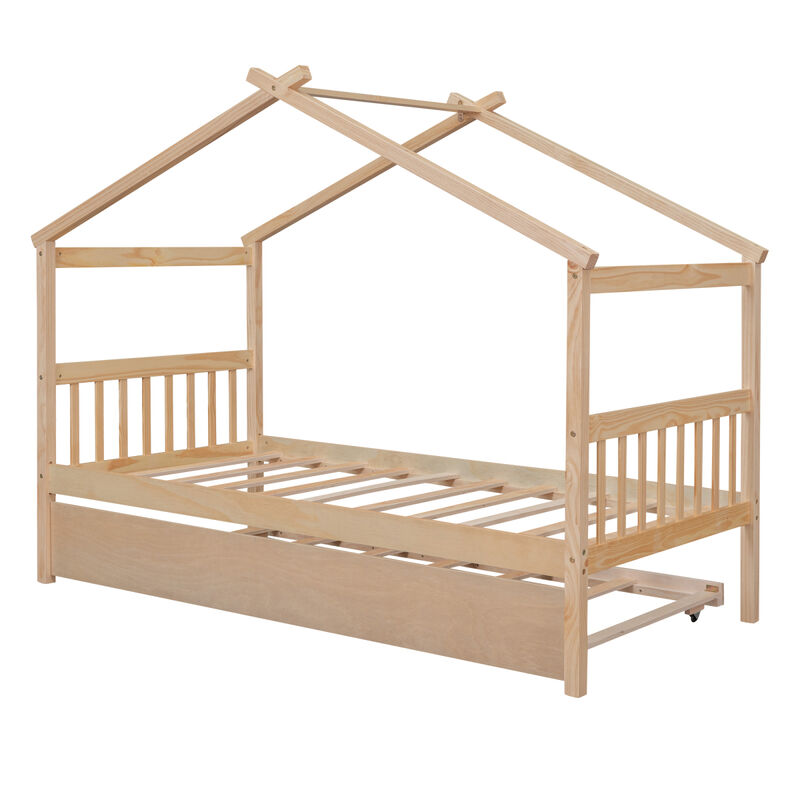 Twin Size Wooden House Bed With Twin Size Trundle, Natural