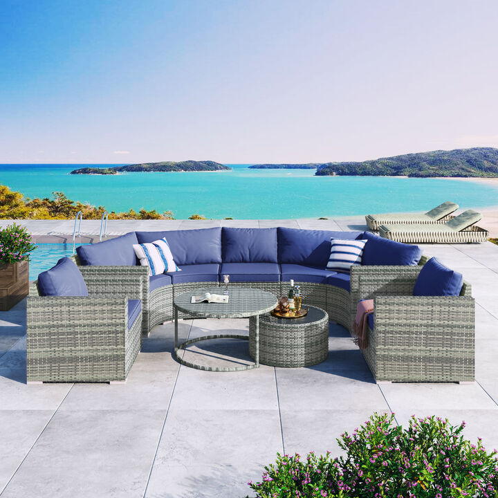 Whisen Modern Style Outdoor Half-moon Patio Sofa Set, 9-Pieces Round Sofa Set - Blue