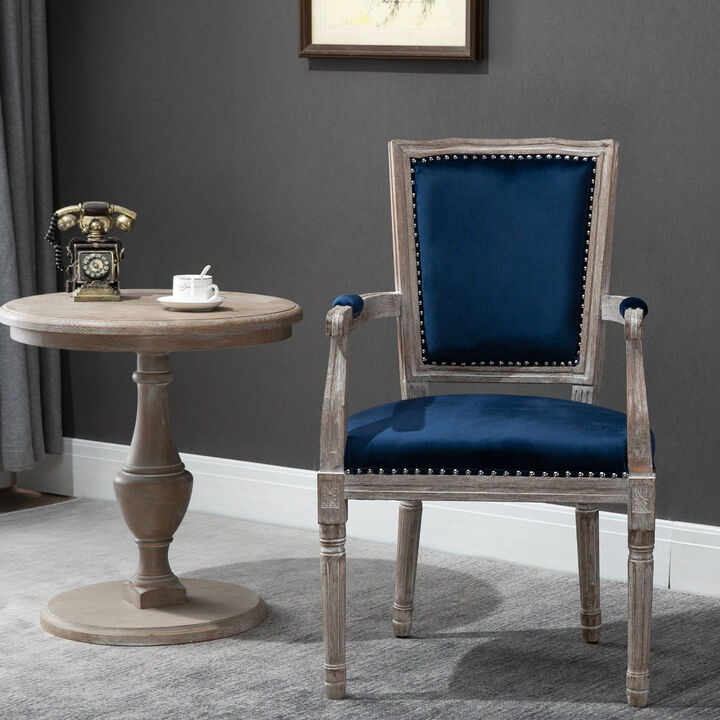 Blue Velvet Dining Chair: Vintage High Back Chair with Armrests, Solid Wood Legs