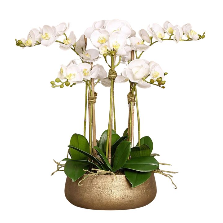 Faux white orchid arrangement in matte gold planter