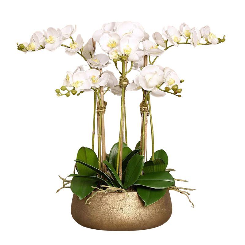 Faux white orchid arrangement in matte gold planter