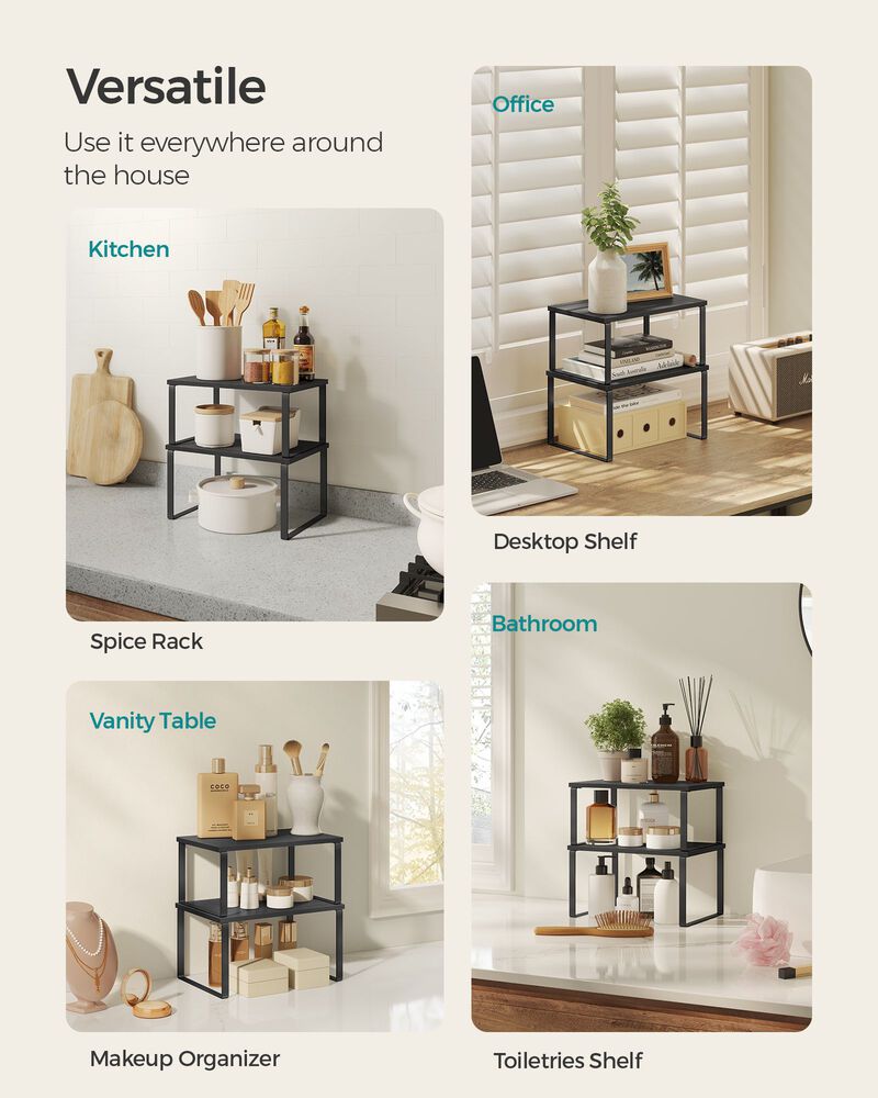 Expandable and Stackable Cabinet Shelf Organizer – Metal and Bamboo Kitchen Counter Shelves, Set of 2