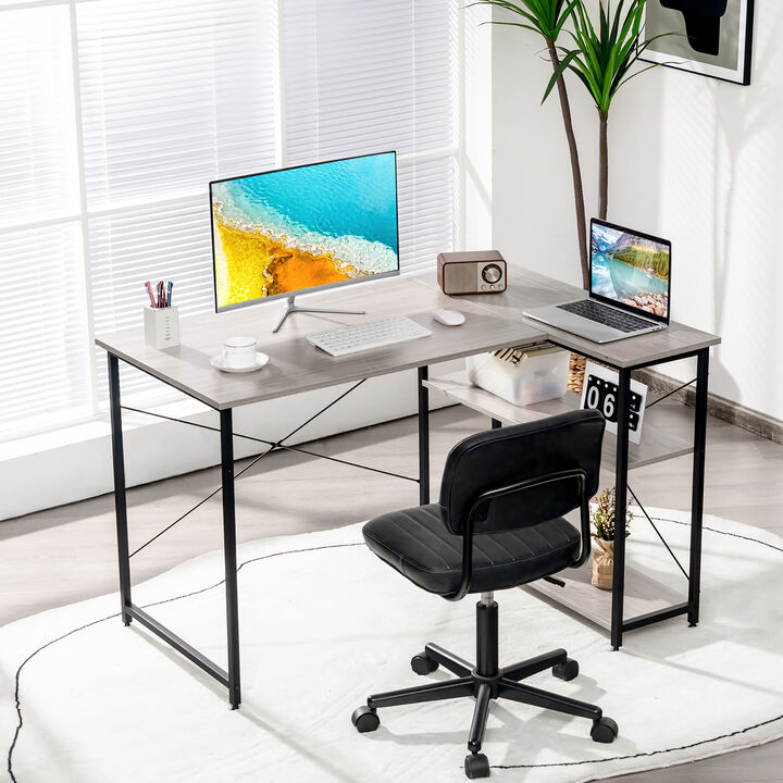 Costway 48'' Reversible L Shaped Computer Desk Home Office Table Adjustable Shelf Brown