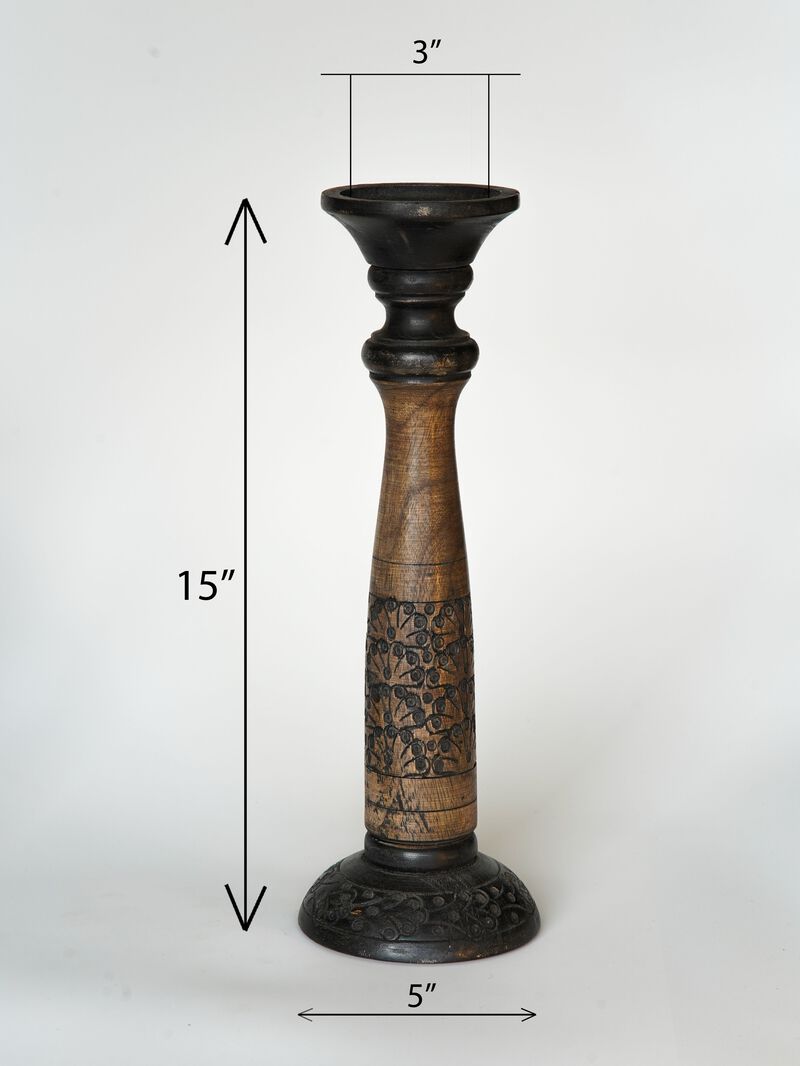 Traditional Black Wash Eco-friendly Handmade Mango Wood Set Of One 15" Pillar Candle Holder