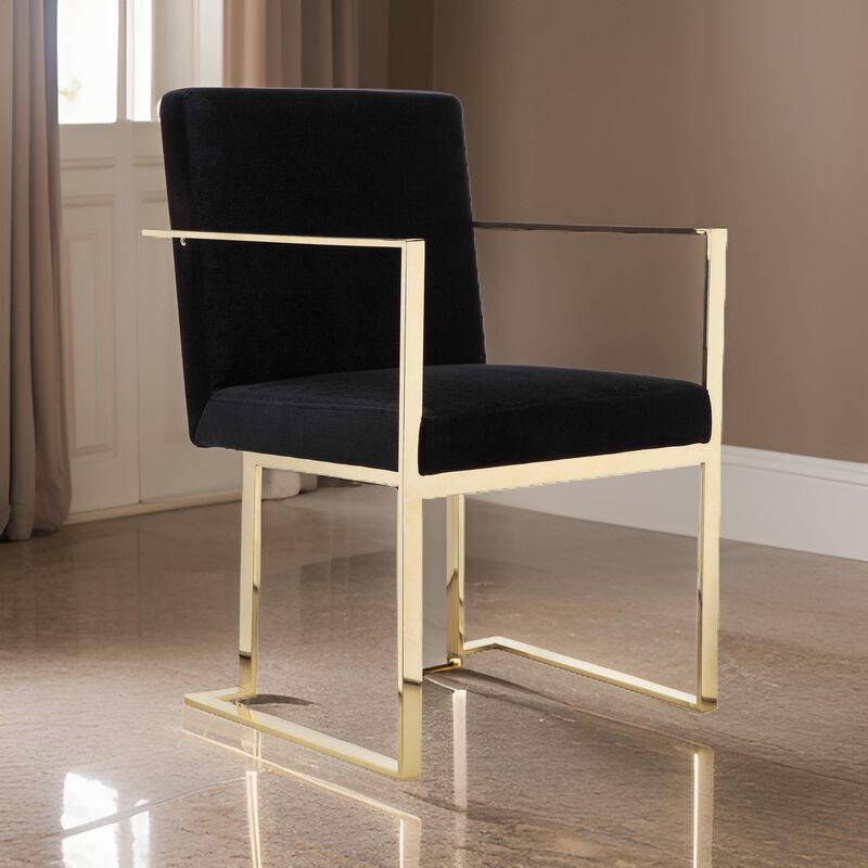Boly 24 Inch Dining Armchair, Cushioned Black Velvet Seat, Gold Cantilever  - Benzara