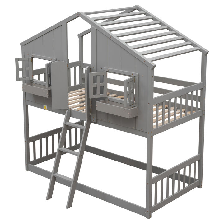 Twin Over Twin House Bunk Bed With Roof, Window, Window Box, Door, With Safety Guardrails Twin Over Twin House Bunk Bed With Roof, Window, Window Box, Door, With Safety Guardrails