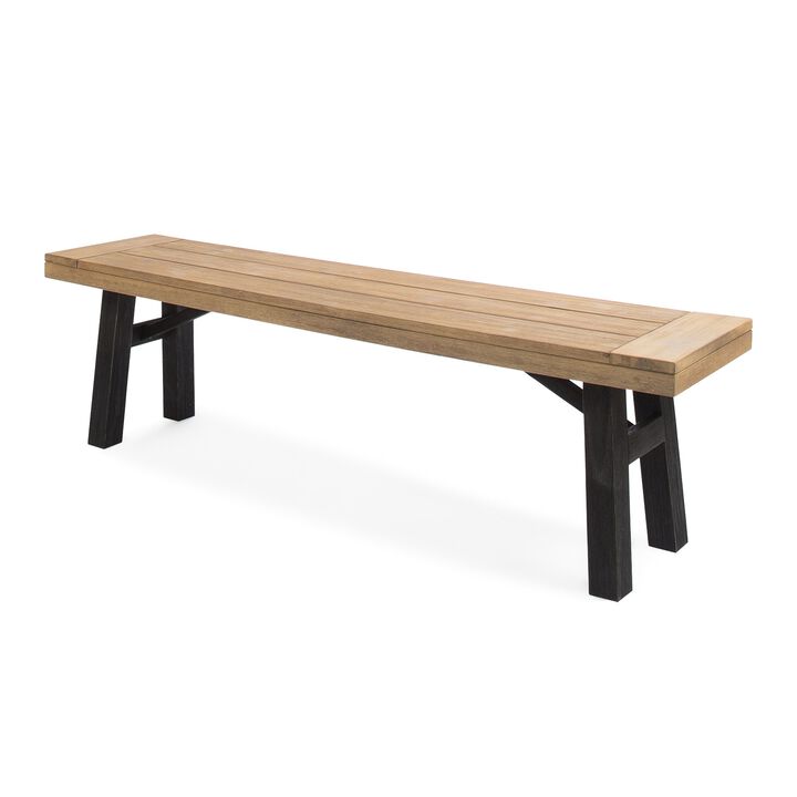 Wren Outdoor Bench with Slatted Top, 63 Inch Brown Acacia Wood, Black - Benzara