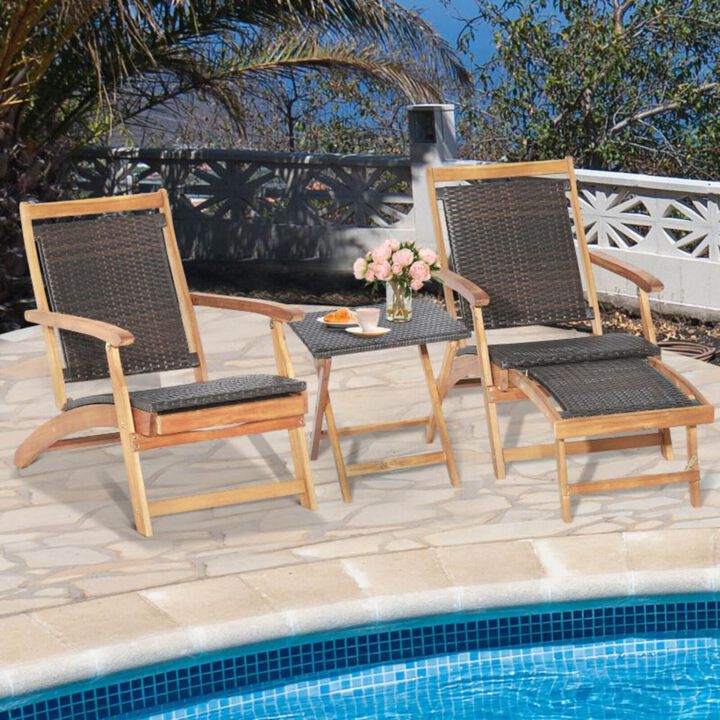 Hivvago 2 Pieces Patio Rattan Folding Lounge Chair with Acacia Wood Table