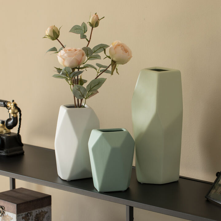 8" H Decorative Ceramic Multi Paned Vase, Modern Style Centerpiece Table Vase White, Medium