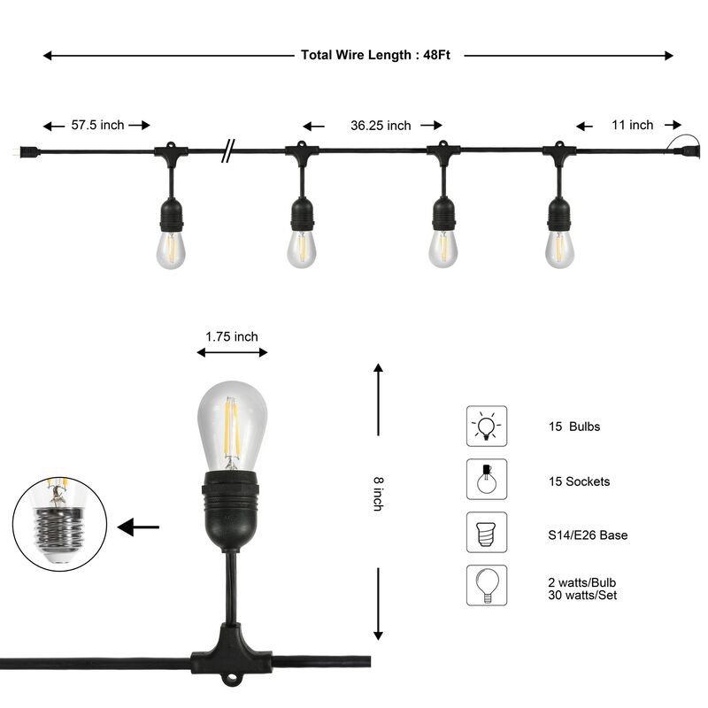 Light Indoor/Outdoor Rustic Industrial LED S14 Edison Buld String Lights