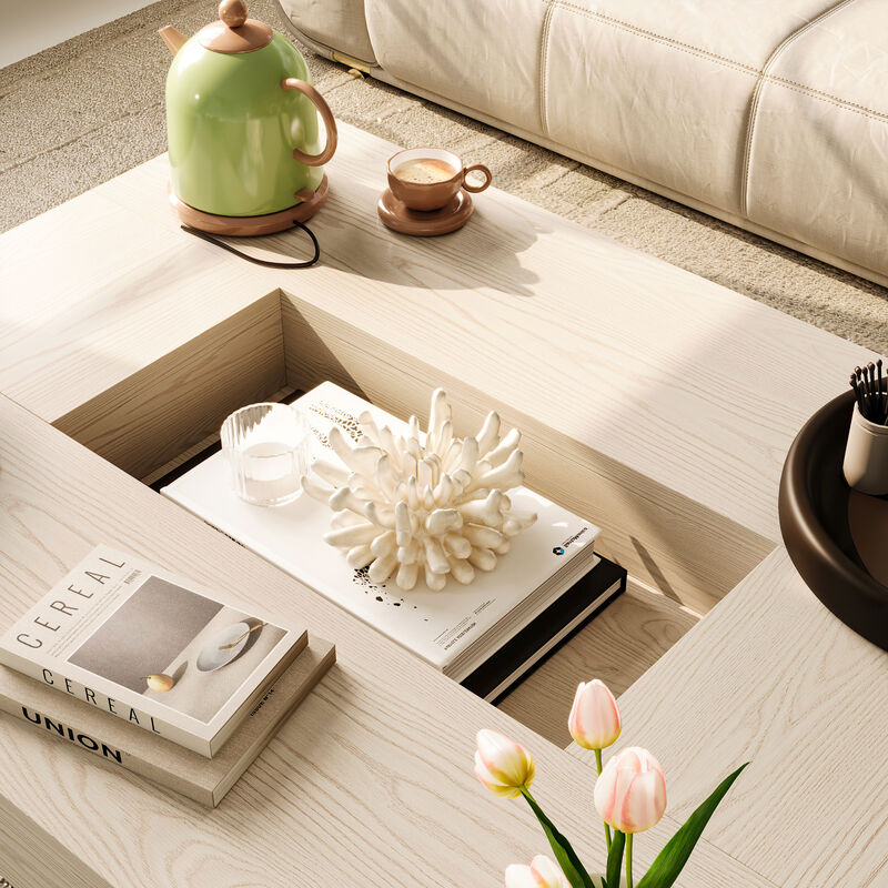 FUFU&GAGA Modern White Wood Coffee Table – Solid Wood, Spacious Tabletop with Built-in Storage, Sturdy Frame (47.2" W x 35.4" D x 15.8" H), White