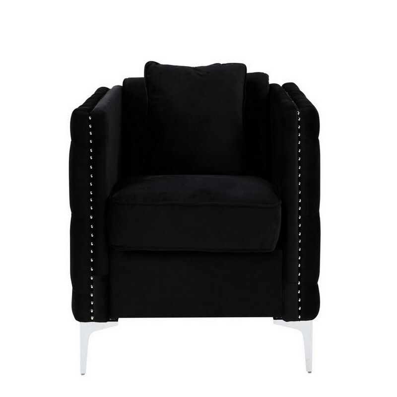 Zion 34 Inch Accent Chair with Throw Pillow, Handmade Tufted, Black Velvet-Benzara
