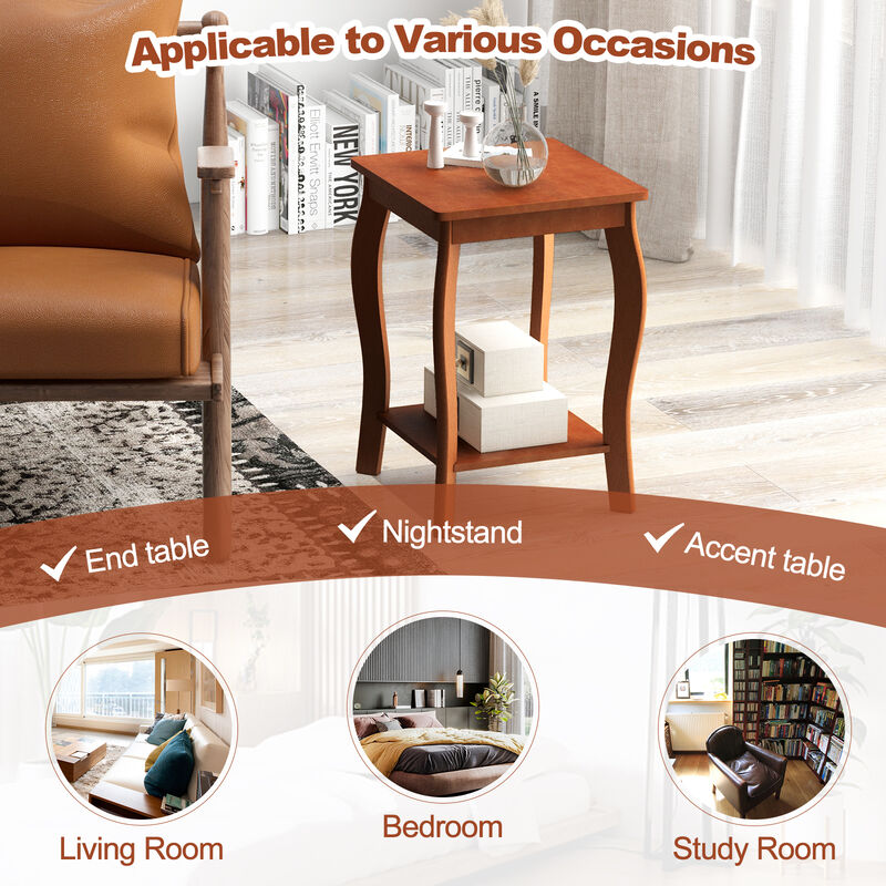 15 Inch 2-Tier Square End Table with Storage Shelf - Walnut