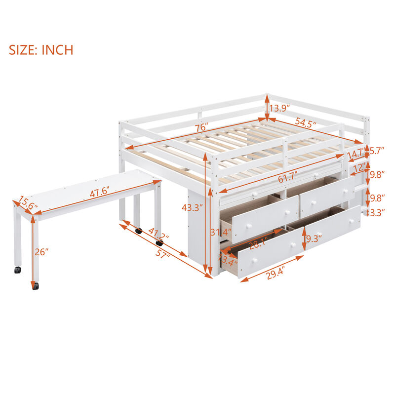 Wooden Loft Bed with Desk and Shelves