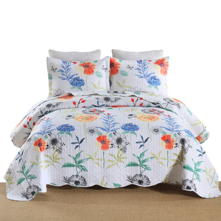 MarCielo 3 Pcs Printed Floral Quilt Set Lightweight Bedspread Set