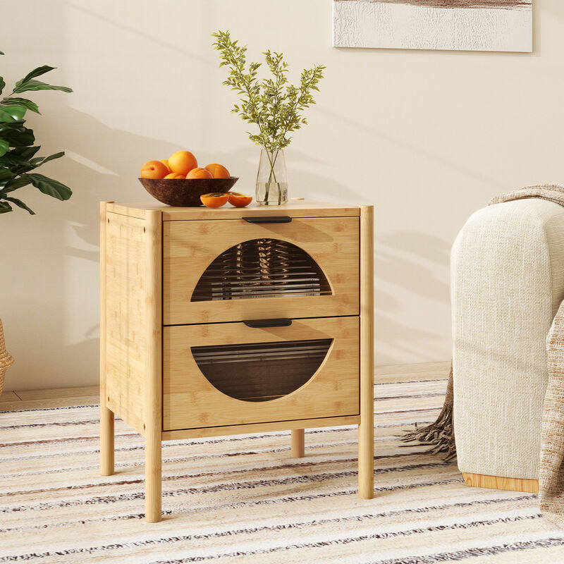 Nightstand with 2 Storage Drawers and Reeded Tempered Glass Fronts