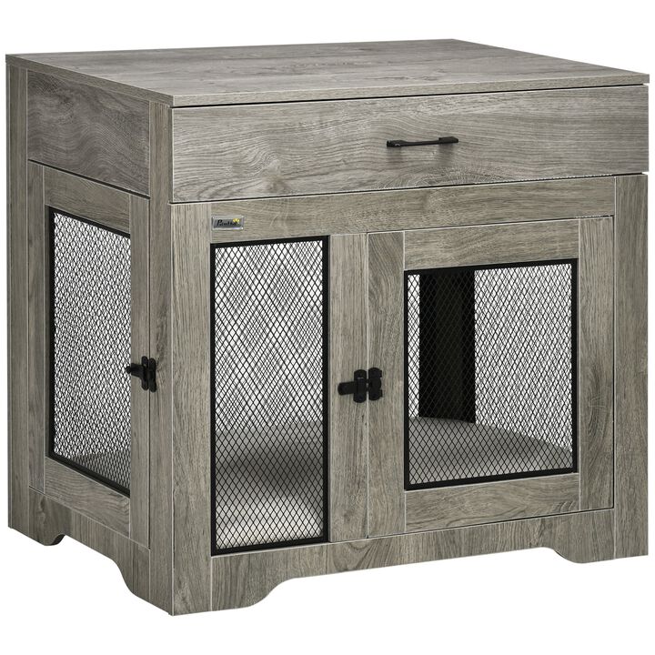 Gray Luxury Pet Crate: End Table with Cushion for Small Dogs