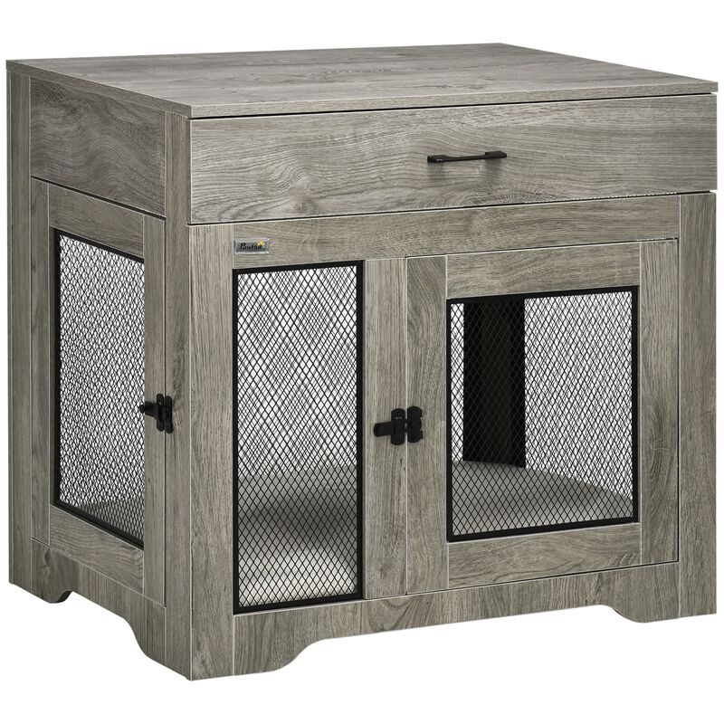 Gray Luxury Pet Crate: End Table with Cushion for Small Dogs