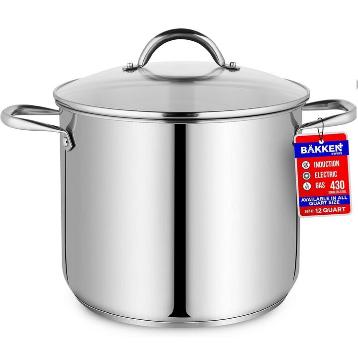 Bakken-Swiss Deluxe 12-Quart Stainless Steel Stockpot w/Tempered Glass See-Through Lid - Simmering Delicious Soups Stews & Induction Cooking - Exceptional Heat Distribution - Heavy-Duty & Food-Grade
