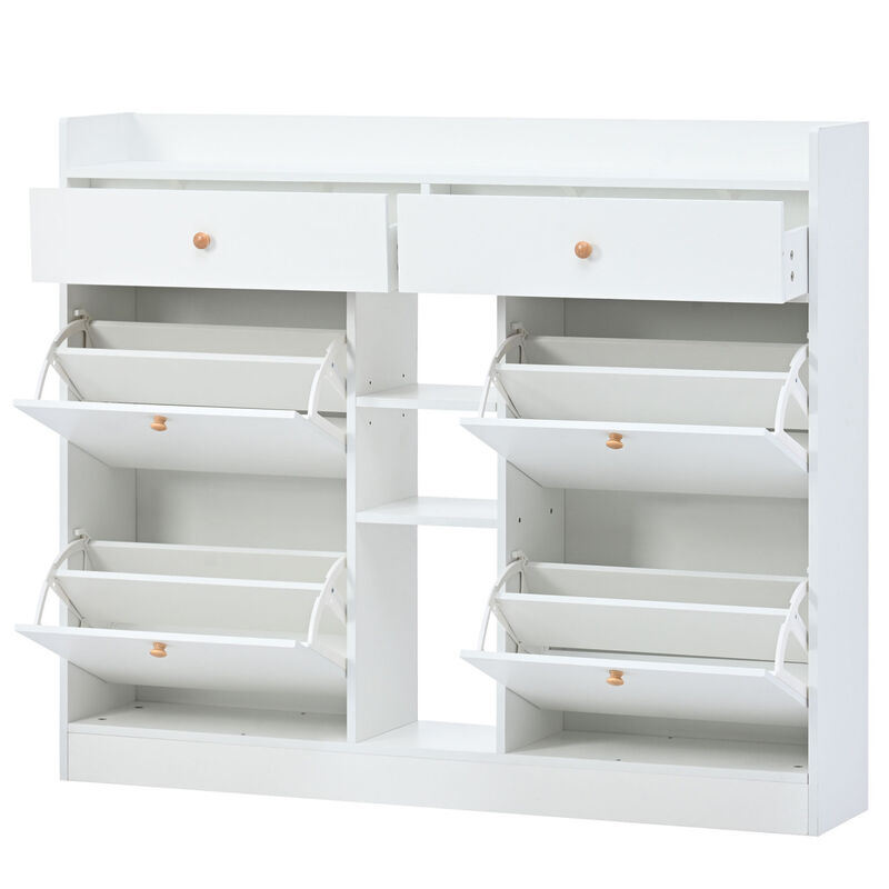 2-Tier Shoe Cabinet with 4 Flip Drawers, White