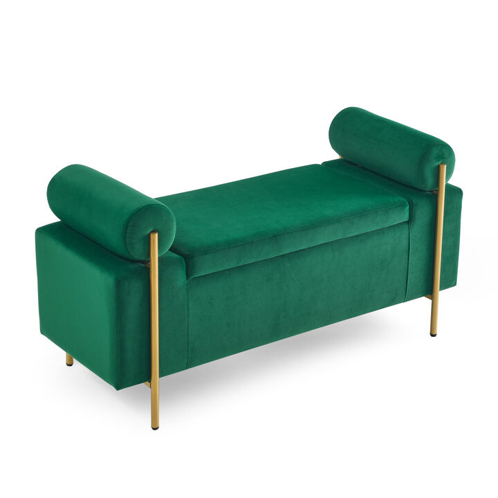 Hivvago Elegant Upholstered Linen Storage Bench with Cylindrical Arms and Iron Legs