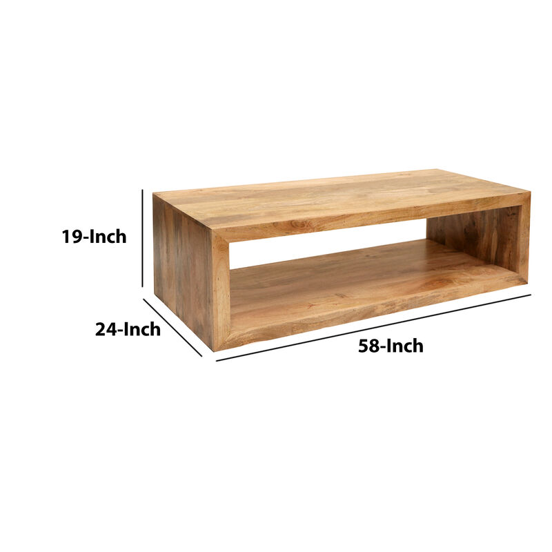 Keli 58 Inch Mango Wood Coffee Table, Open Cube, 1 Shelf, Natural Brown-Benzara
