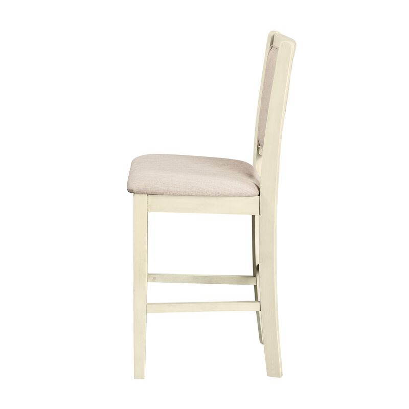 Han Counter Chair Set of 2, Beige Fabric, Ivory Solid Rubberwood - Benzara