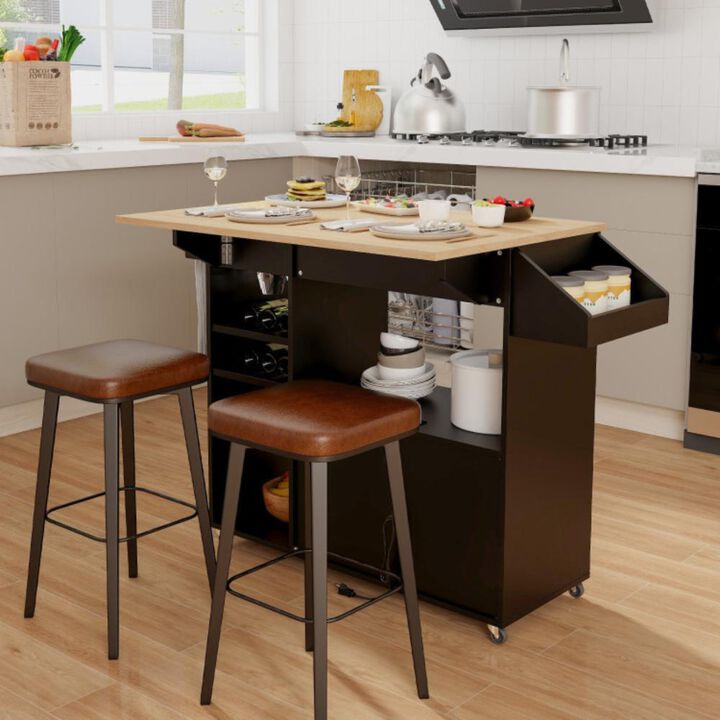 Hivvago Drop Leaf Mobile Kitchen Island Cart with Power Outlet and Adjustable Shelf