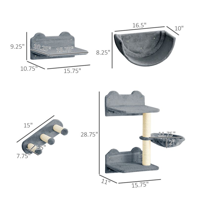 Gray Feline Activity Center: Cat Wall Shelves with Platforms & Hammock