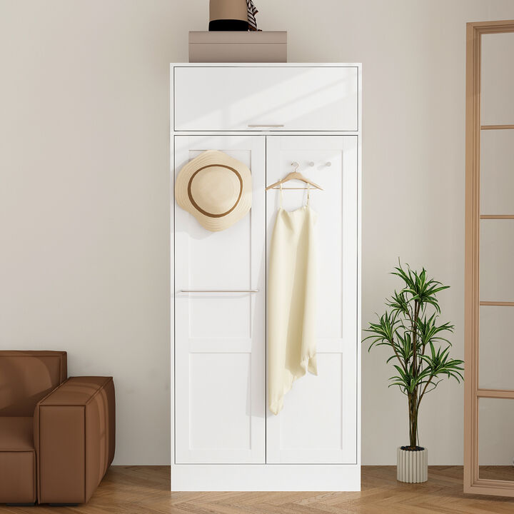 FUFU&GAGA Modern Double-Door Wardrobe with Top Storage Cabinet (31.5" W x 20.6" D x 70.9" H),White