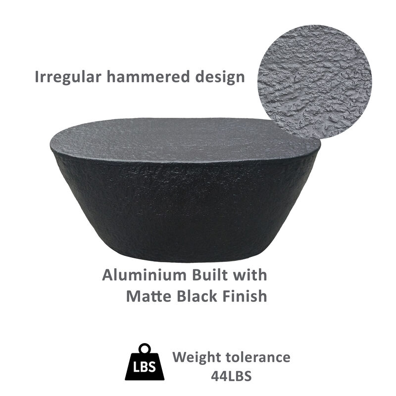Josi 36 Inch Coffee Table, Handcrafted Hammered Design, Matte Black Sculptural Aluminum Frame - Benzara