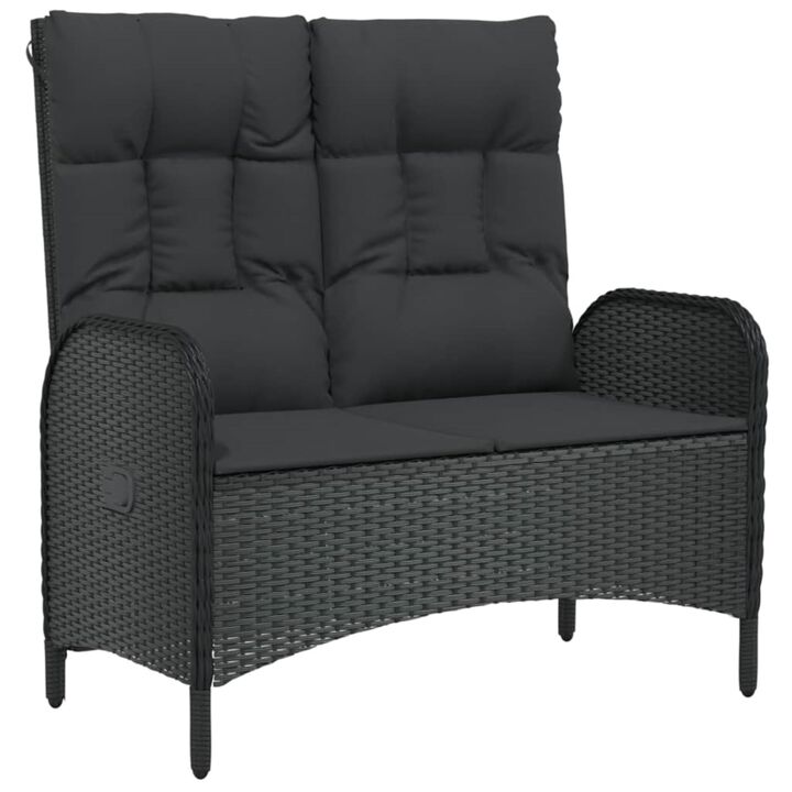 vidaXL Black Patio Bench with Reclining Function - Weather-Resistant Poly Rattan Material, Powder-Coated Steel Frame - Cushions Included - Fit for Garden, Terrace, Outdoor Lounge Area Use