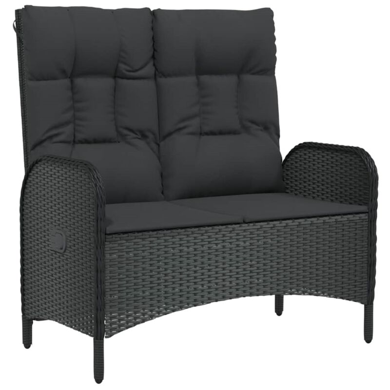 vidaXL Black Patio Bench with Reclining Function - Weather-Resistant Poly Rattan Material, Powder-Coated Steel Frame - Cushions Included - Fit for Garden, Terrace, Outdoor Lounge Area Use