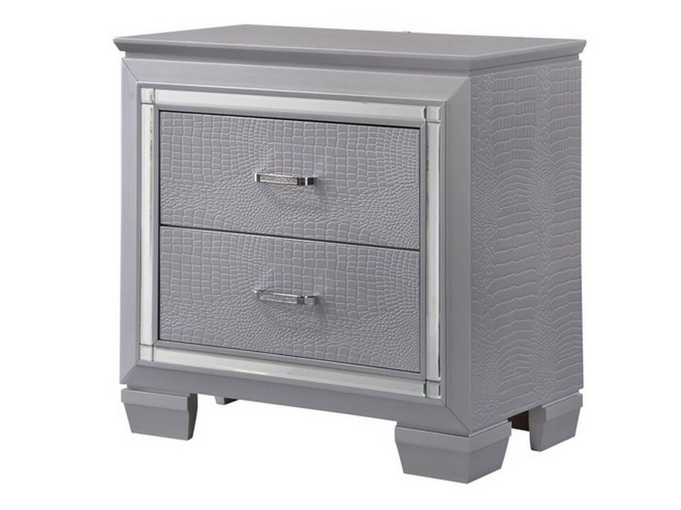 Two Drawer Wooden Nightstand with Textured Details and Mirror Accents, Gray-Benzara