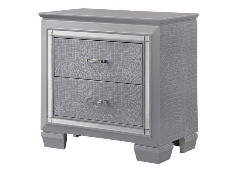 Two Drawer Wooden Nightstand with Textured Details and Mirror Accents, Gray-Benzara