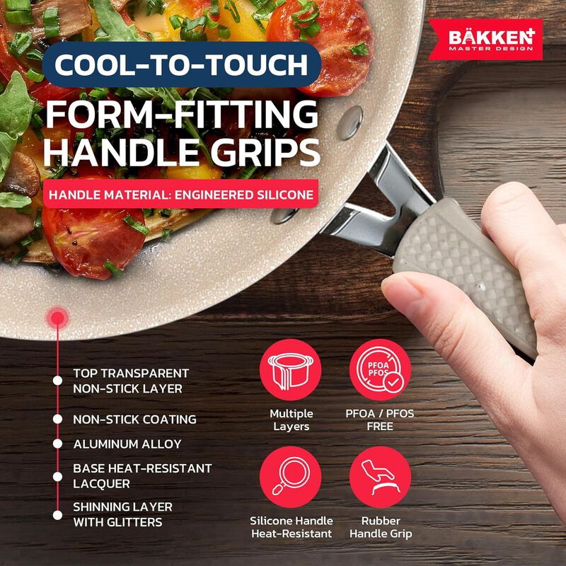 Bakken- Swiss Kitchen Cookware Set - Nonstick Coating, Pot and Pans Set with Handle Grips & Tempered Glass Lids, PFOA, PFOS, PTFE Free, Ceramic Max Temperature (Up To 500° F), Set of 23
