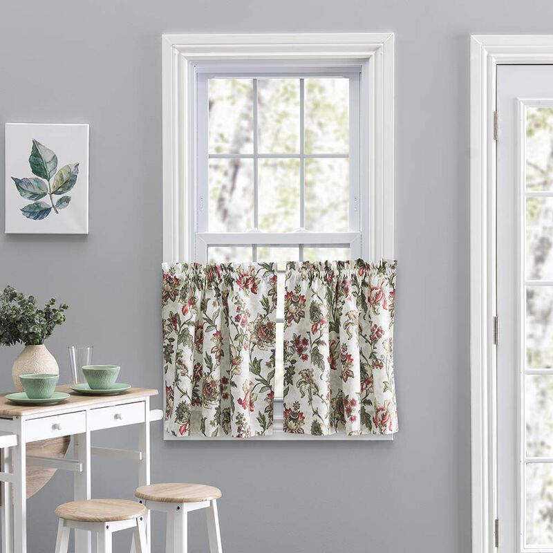 Ellis Curtain Madison Floral Design Printed Natural Ground 1.5" Rod Pocket Tailored Tier