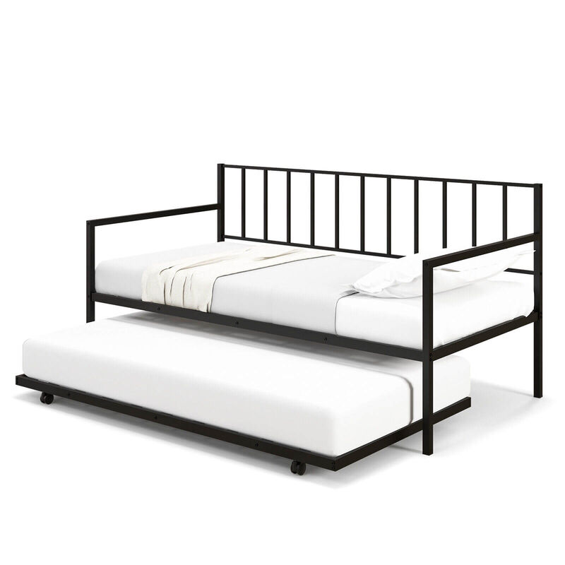 Twin Daybed Set with Metal Slat Support and Roll-Out Trundle