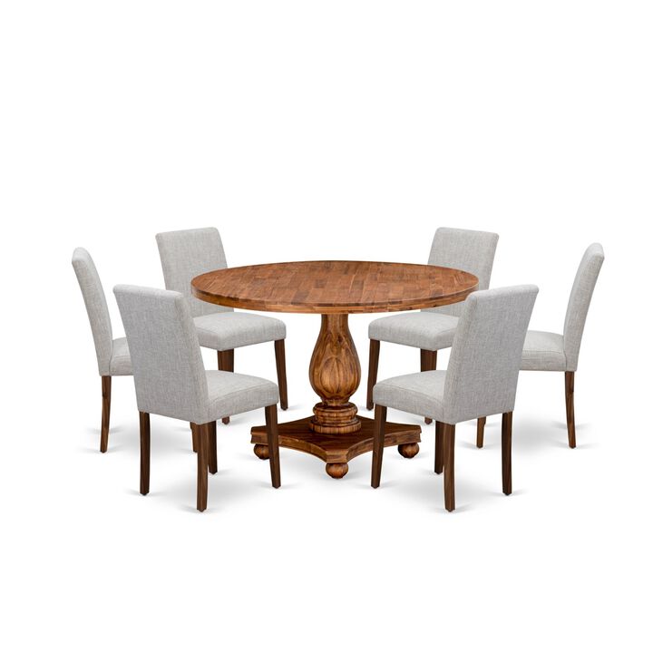 East West Furniture I2AB7-N35 7Pc Dining Room Set - Round Table and 6 Parson Chairs - Antique Walnut Color East West Furniture I2AB7-N35 7Pc Dining Room Set - Round Table and 6 Parson Chairs - Antique Walnut Color