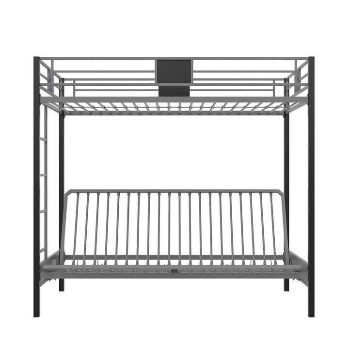 Reeta Twin over Futon Metal Bunk Bed, Silver and Black