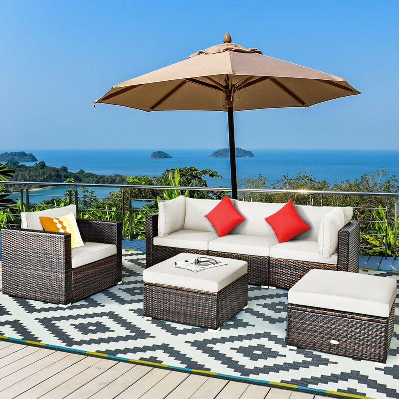 6 Pcs Patio Rattan Furniture Set with Sectional Cushion