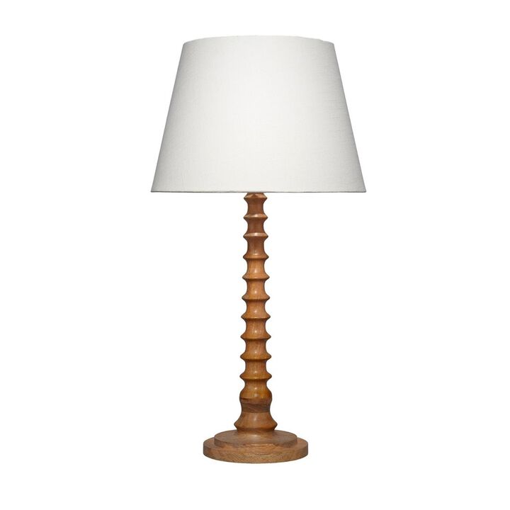 Dio 31 Inch Table Lamp, White Slub Drum Shade, Brown Turned Wood Base - Benzara