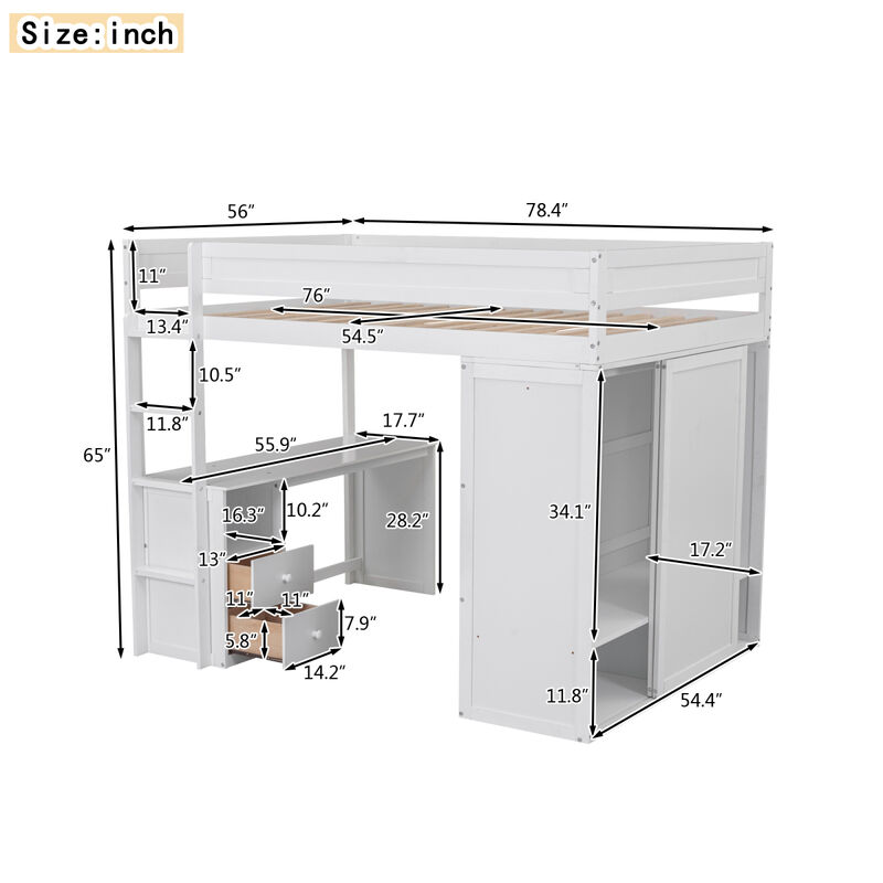 Wood Full Size Loft Bed With Wardrobes And 2-Drawer Desk With Cabinet