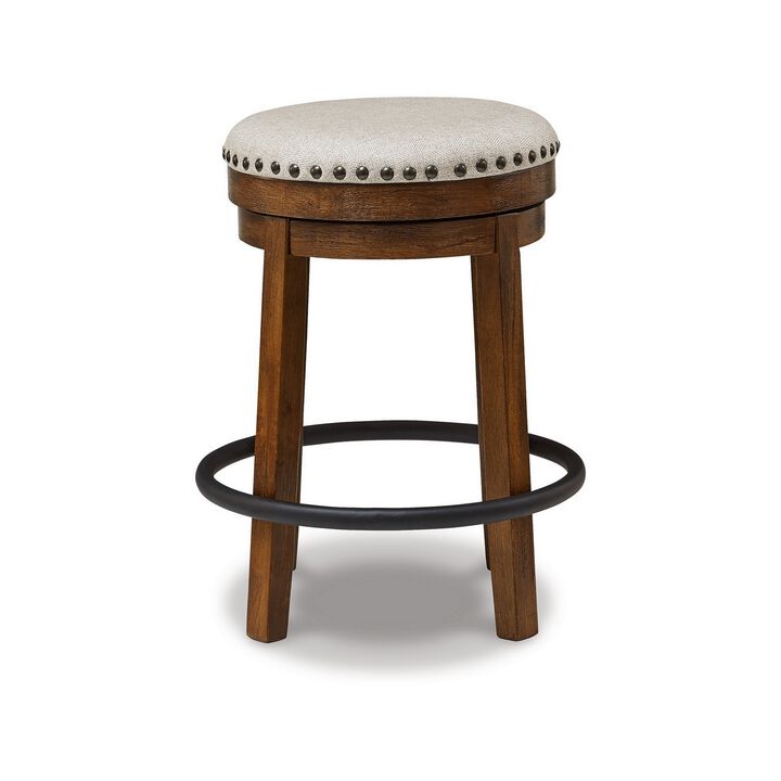 Zane 24 Inch Backless Swivel Counter Stool, Round Beige Seat, Brown Wood - Benzara