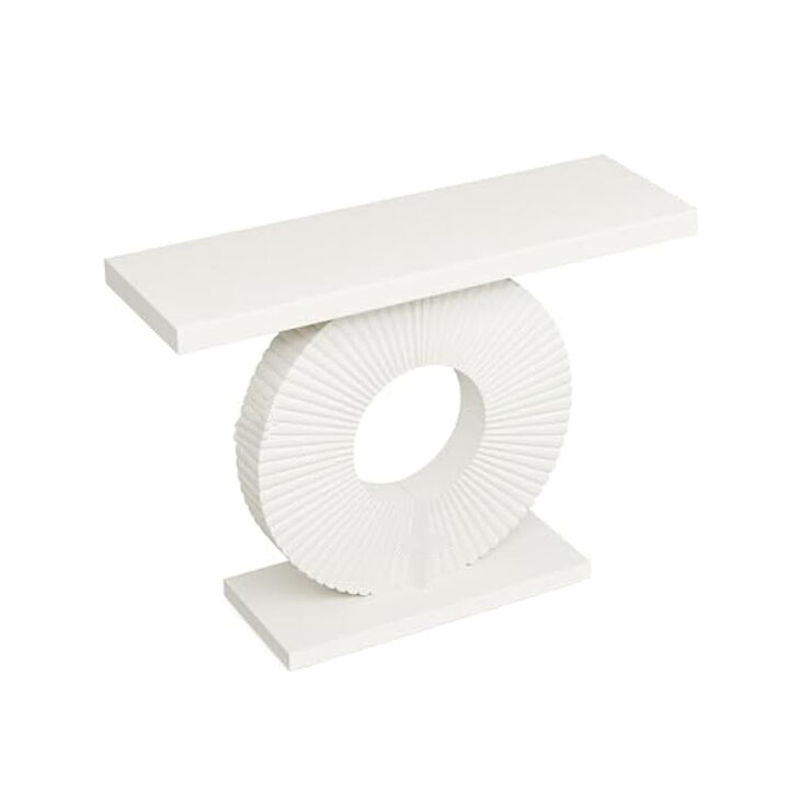 Console Table, 39 Inch White Rectangular Top, Geometric Flower Base - Benzara