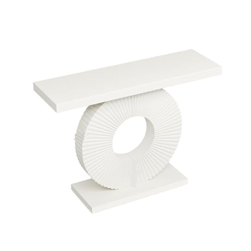 Console Table, 39 Inch White Rectangular Top, Geometric Flower Base - Benzara