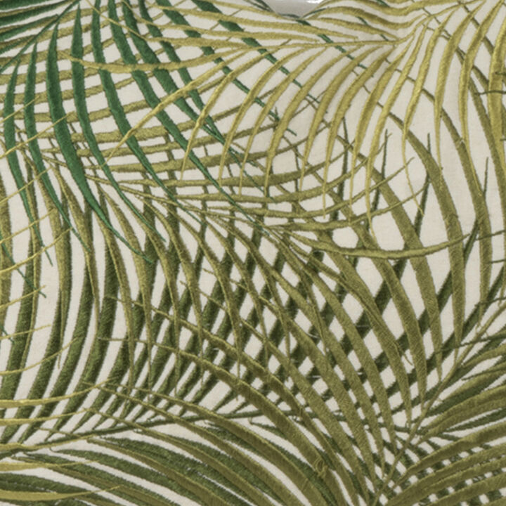 20 X 14 Inch Embroidered Pillow with Palm Leaf Design, White and Green-Benzara
