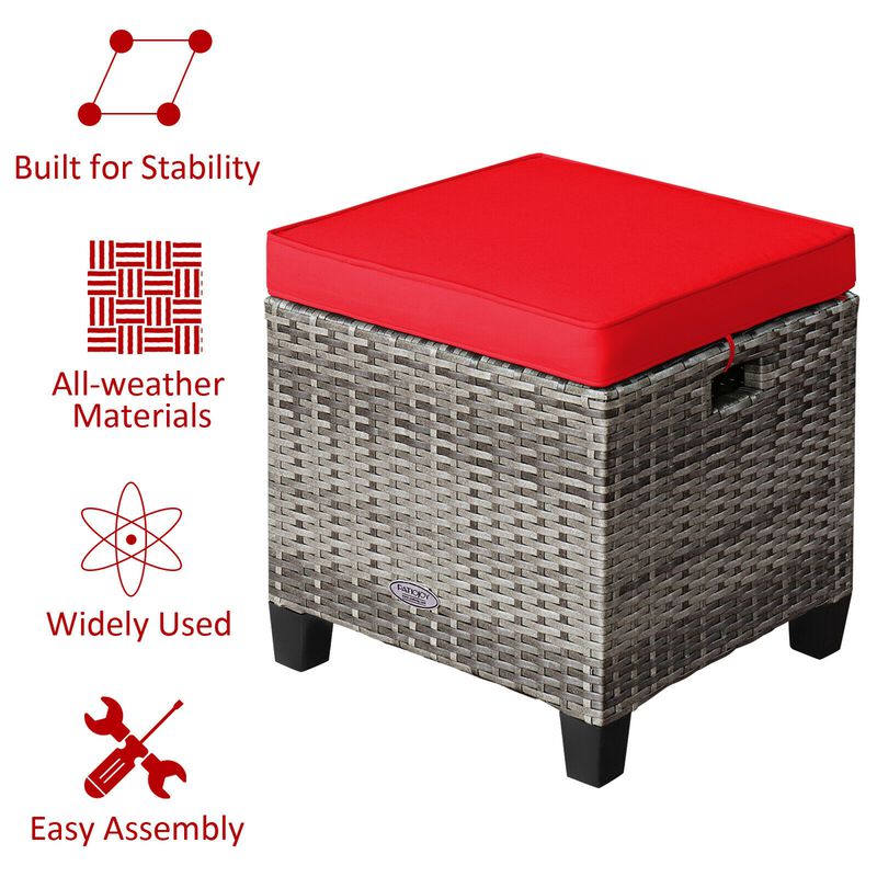 2PCS Patio Rattan Wicker Ottoman Seat with Removable Cushions