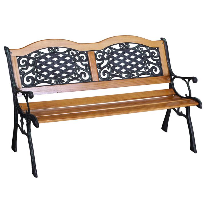 Rustic Outdoor Seating: 50" Teak Wood Slat Bench with Tilted Back